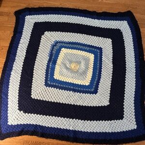 Vintage Hand Crochet Granny Square Afghan Throw Blanket 54" X 52" Blue Colors